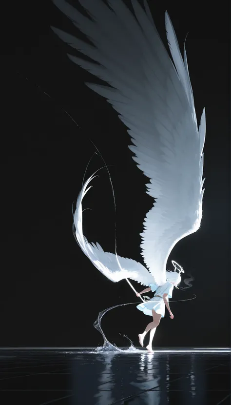 masterpiece,the best quality,new ,absurdities,high resolution,(drawing in white on black),black background,white spots,Abstract,drawing with tempera, Artistic,watercolors,stained,shaded on the background,demon woman,antlers,angel wing tunic,cigarette ,summ...