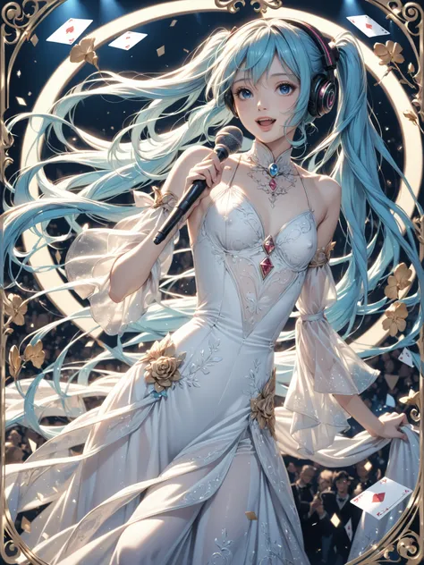 ,masterpiece,top quality,High Resolution,uncorrected,soft lighting,,little cute slender girl,very long hair,shine blue eyes,brigtht slit eyes,,hatsunemiku,very long hair,rich twintail,microphone,music studio,music machine,dancing,Having fun,cybersuit,,(Hig...