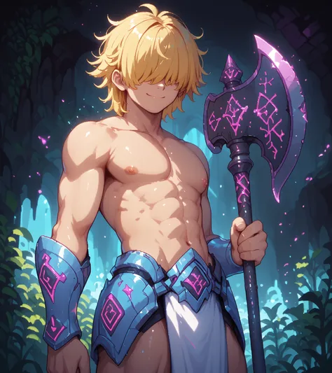 score_9, score_8_up, score_7_up, source_anime, solo, pixel art, 1boy, solo, adult man, runeaxe BREAK
Messy hair, handsome, blond hair, (yellow hair), messy hair, hair covered eyes BREAK
Topless male, pelvic curtain BREAK
Standing, front view, smirk, ...