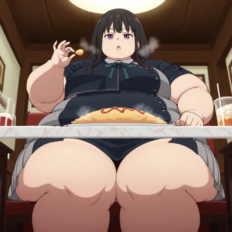 masterpiece, best quality, highres, newest, 1girl, solo, official style, anime screencap,  takina, black hair, purple eyes, lycoris uniform, expressionless, , looking at viewer, cowboy shot, hand up, five fingers eating food, in front of tones of food, sit...