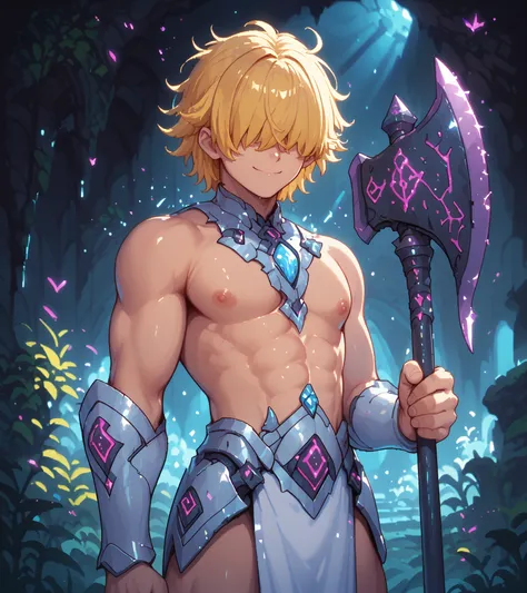 score_9, score_8_up, score_7_up, source_anime, solo, pixel art, 1boy, solo, adult man, runeaxe BREAK 

Messy hair, handsome, blond hair, (yellow hair), messy hair, hair covered eyes BREAK 

Topless male, pelvic curtain BREAK 

Standing, front view, smirk, ...
