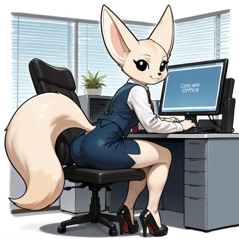 Masterpiece, absurdres, newest, anthro, furry girl,   fenneko, black_eyes, wearing blue vest, white long sleeve shirt, red tie, short blue skirt, heels, in an office, tall and slender,, typing on a computer, looking at viewer