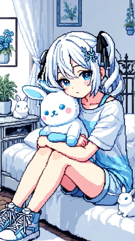 score_9, score_8_up , score_7_up , score_9,Score_9, Score_8_up , Score_7_up ,Create a fresh two-dimensional style picture, focusing on the character's characteristics and scenes: white twin ponytails (black ribbon decoration), blue and white clothing (shor...