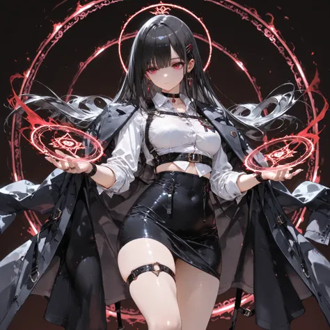 ((best quality)), ((masterpieces)), (detailed), perfect face, SOLO, ((1 girl)), ANIME, beautiful detailed eyes, long hair, long straight hair, black hair, RED EYES, BARE thighs, (((BARE LEG))), ((black tight-fitting Mini office skirt)), (((dress shirt))), ...