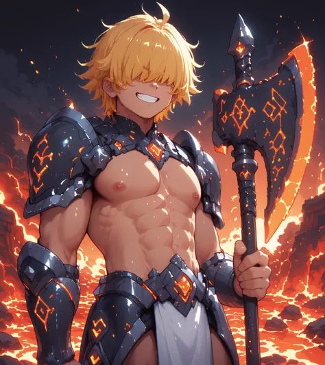 score_9, score_8_up, score_7_up, source_anime, solo, pixel art, 1boy, solo, adult man, runeaxe BREAK 

Messy hair, handsome, blond hair, (yellow hair), messy hair, hair covered eyes BREAK 

Topless male, pelvic curtain BREAK 

Standing, front view, smirk, ...
