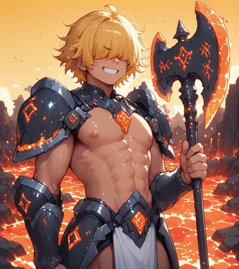 score_9, score_8_up, score_7_up, source_anime, solo, pixel art, 1boy, solo, adult man, runeaxe BREAK 

Messy hair, handsome, blond hair, (yellow hair), messy hair, hair covered eyes BREAK 

Topless male, pelvic curtain BREAK 

Standing, front view, smirk, ...