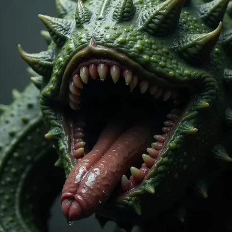 mouth of a carnivorous plant with huge fat tongue, wet, from above,