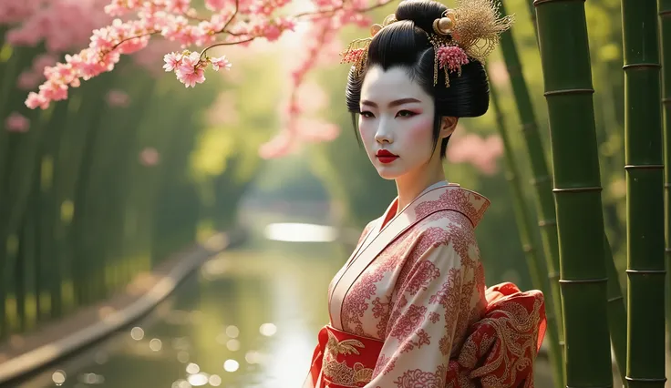 Asian Geisha, beautiful face, perfect body, river, Cherry blossoms, Japanese forest background, sexy, seductive, high detail, masterpiece.