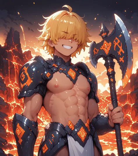 score_9, score_8_up, score_7_up, source_anime, solo, pixel art, 1boy, solo, adult man, runeaxe BREAK 

Messy hair, handsome, blond hair, (yellow hair), messy hair, hair covered eyes BREAK 

Topless male, pelvic curtain BREAK 

Standing, front view, smirk, ...