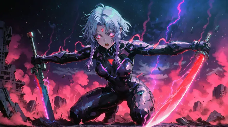     A brutal cyberpunk battlefield at night, scorched and littered with fallen enemies, neon-lit ruins, and thick red smoke rising from the ground. At the center, a powerful purple beam of light descends from the sky, illuminating the area in radiant viole...