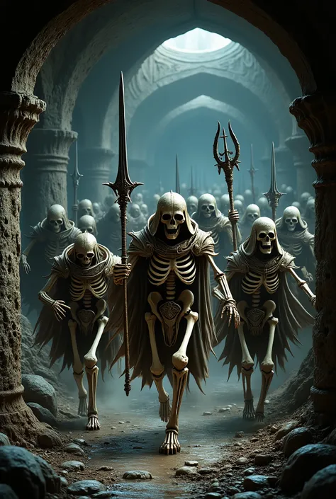 underground hideout with a troop of skeletons wearing religious armor and satanic symbols, they have fury in their eyes and run towards you with medieval weapons in their hands, skeletons with bow and arrow, skeletons with sword and shield, skeletons with ...