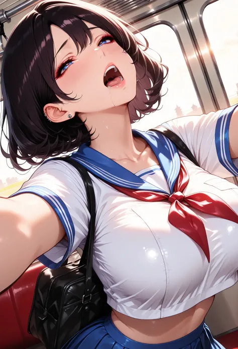 htm,1 woman, cool school girl:1.2, Dance Motion, school bag, Dutch Angle, dark haired, shorthair, Big breasts, (torogao, open your mouth), perfect body, cropped tops, sailor suit that binds the length, pleated skirt, Delicate decoration, piercings, Inside ...