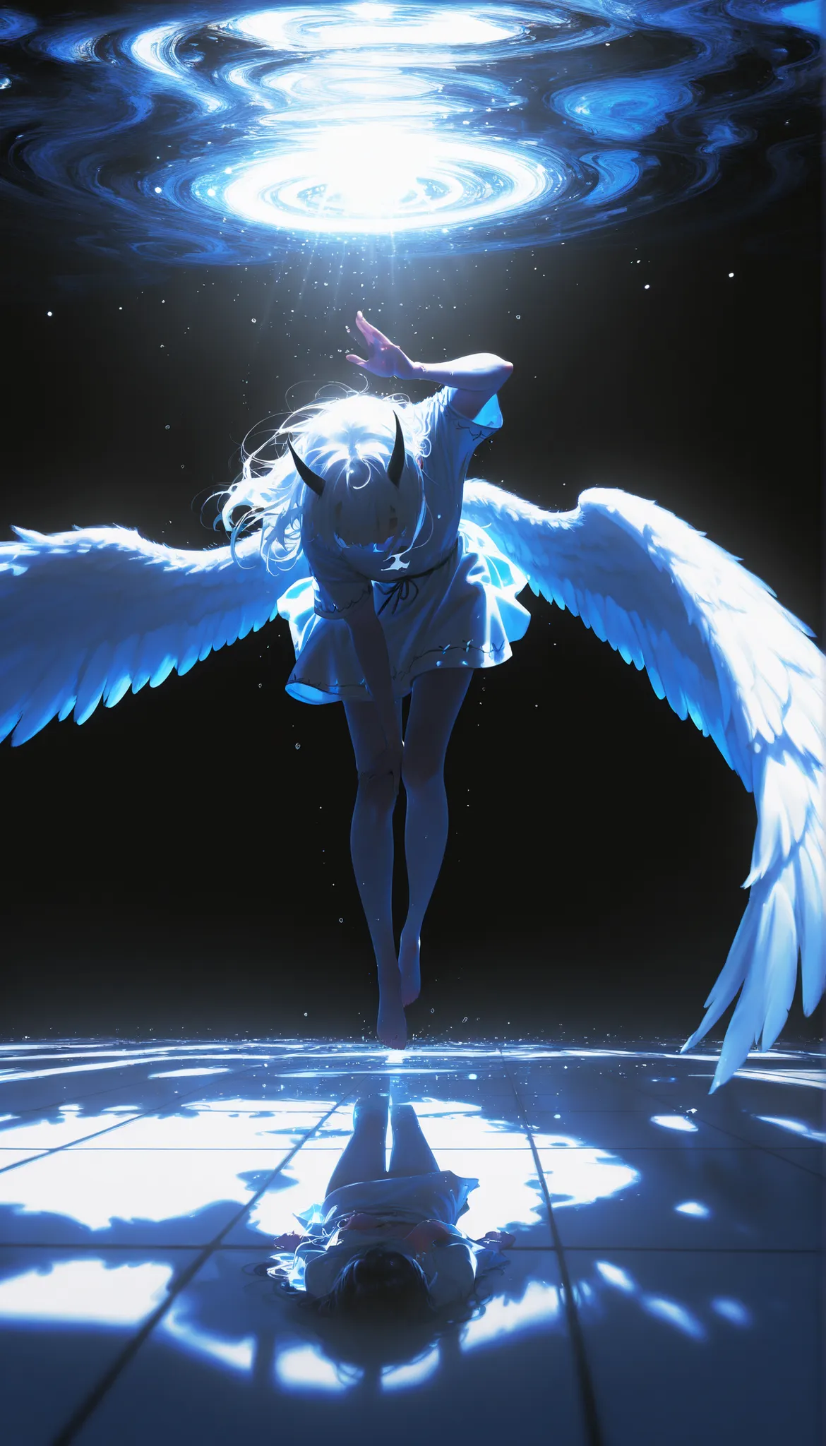 masterpiece,the best quality,NEW ,Absurds,high resolution,(in white on black),black background,white spots,Abstract,drawing with tempera, Artistic,watercolors,stained,shaded on the background,demon woman,Horns,angel wing tunic, ,summary drawing of smoke,im...