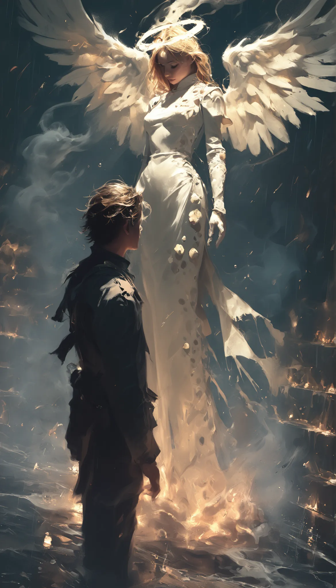 masterpiece,the best quality,NEW ,Absurds,high resolution,(in white on black),black background,white spots,Abstract,drawing with tempera, Artistic,watercolors,stained,shaded on the background,demon woman,Horns,angel wing tunic, ,summary drawing of smoke,im...