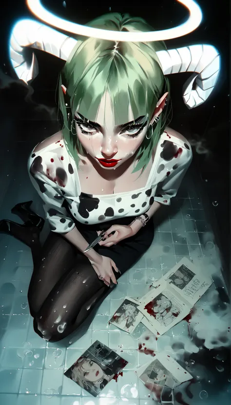 masterpiece,the best quality,NEW ,Absurds,high resolution,(in white on black),black background,white spots,Abstract,drawing with tempera, Artistic,watercolors,stained,shaded on the background,demon woman,Horns,angel wing tunic, ,summary drawing of smoke,im...