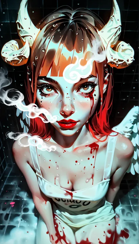 masterpiece,the best quality,NEW ,Absurds,high resolution,(in white on black),black background,white spots,Abstract,drawing with tempera, Artistic,watercolors,stained,shaded on the background,demon woman,Horns,angel wing tunic, ,summary drawing of smoke,im...