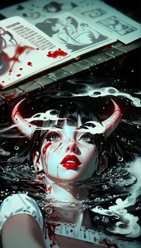 masterpiece,the best quality,NEW ,Absurds,high resolution,(in white on black),black background,white spots,Abstract,drawing with tempera, Artistic,watercolors,stained,shaded on the background,demon woman,Horns,angel wing tunic, ,summary drawing of smoke,im...