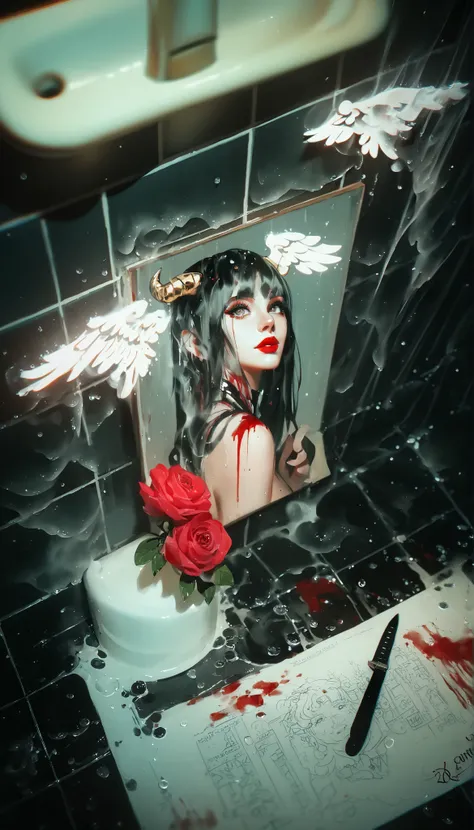 masterpiece,the best quality,NEW ,Absurds,high resolution,(in white on black),black background,white spots,Abstract,drawing with tempera, Artistic,watercolors,stained,shaded on the background,demon woman,Horns,angel wing tunic, ,summary drawing of smoke,im...