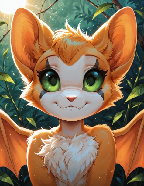 venison style,, masterpiece, best quality, very aesthetic, 1girl,, solo, furry, fidget \(elysian tail\), nimbat, fidget_daet, anthro, furry female, wings, tail, green eyes, colored sclera, bat wings, facial markings, orange fur, white fur, two-tone fur,mem...