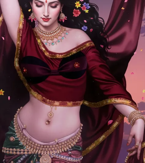 A beautiful Indian woman depicted in a classical yet sensual pose, inspired by Raja Ravi Varma's aesthetics blended with digital realism. She raises one arm gracefully above her head, her expression serene and divine, eyes closed in blissful elegance. Her ...