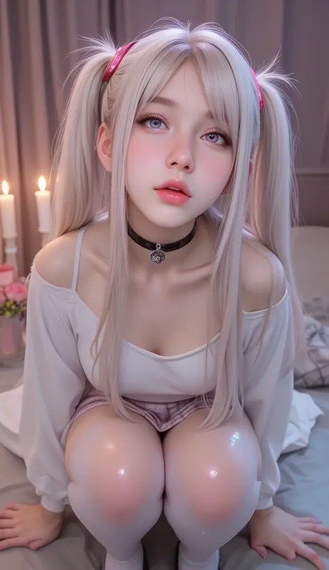 1 girl, sexy 18 year old girl , girl with long white hair, pink eyes, futuristic vibes, cat headphones, 8k, high quality, simple background, glowing eyes, nice pose , pigtails, beautiful face, gorgeous, beautiful, beautiful, beautiful face, pale skin, part...