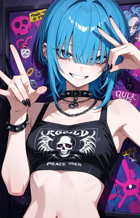 Gal,cool beauty, punk,blue hair,small breasts, upper body, long bangs,bad smile、float display、Zitoida、Inside the store、Peace Sign、air gestures