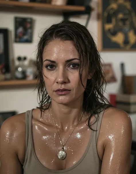 face close up  40 years old tough mafia matured russian woman with tattoo on her shoulder arm at apartment with sweating face skin, shiny sweating glowing skin, real model, real people, real scene, real skin texture, Hyperrealistic,Photorealistic image, dy...