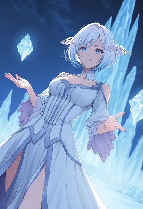 score_9 , score_8_up , score_7_up, solo, 1girl, quinella, short hair, blue eyes, white hair with blue tips, white dress with blue trim, fantasy style, fantasy mage, queen, ice mage,  coboy shot, dutch angle, in a whitecastle, night