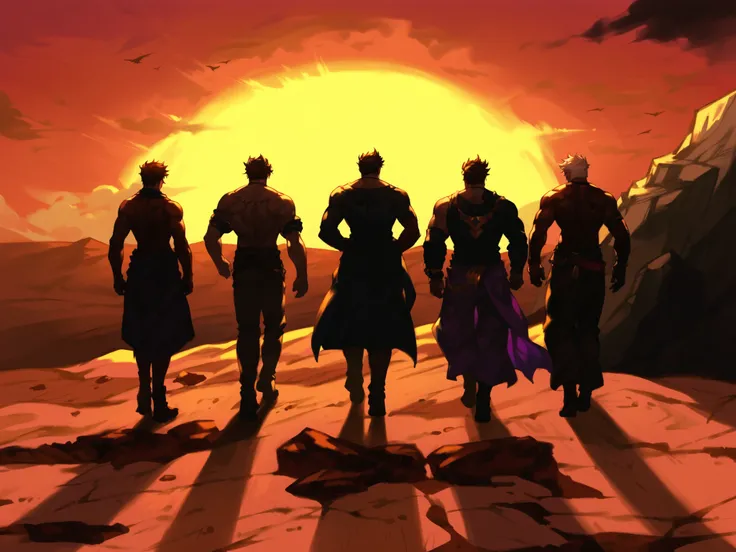 score_9, score_8_above, score_7_above, Tops, anime origin, Minaba Hideo style (granblue fantasy), defined lines, vibrant colors, high quality BREAK art, a group of men walking towards a sunset in the desert. all with their backs.