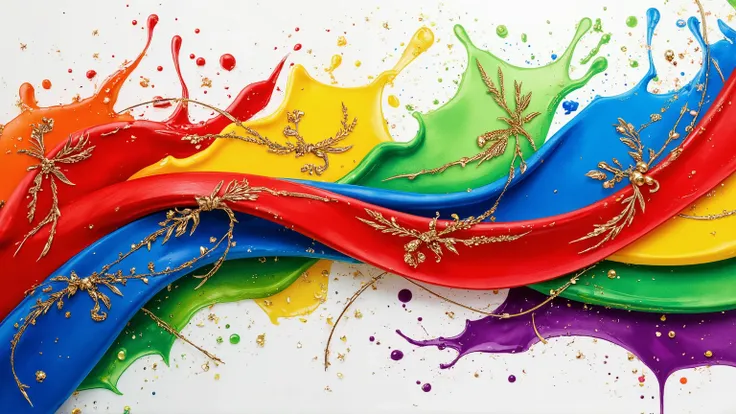 bright colors red,blue,yellow,green,lime green,violett,purple and white, fine elegant lines in gold and bronze, pouring art flat on canvas