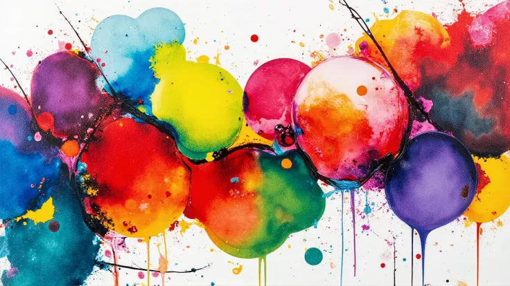 bright colors red,blue,yellow,green,lime green,violett,purple and white, pouring art flat on canvas