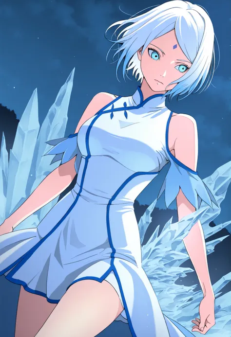 score_9 , score_8_up , score_7_up, solo, 1girl, Sakura Haruno, short hair, blue eyes, white hair with blue tips, white dress with blue trim, fantasy style, rpg style, fantasy mage dress, queen, ice mage, coboy shot, dutch angle, in a whitecastle, night