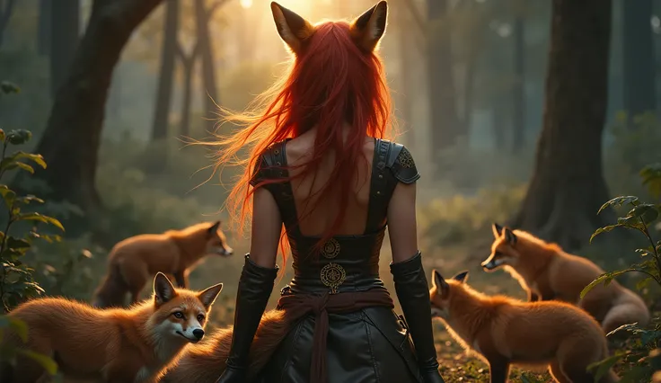 Celtic fox, Werewolf, beautiful woman,full chest, Age 25, middle of transformation in the moonforest, red wild hair, is like fire, flowing, amber eyes, in leather fur clothes, strong , but feminine curves, foxes circle at her feet, glowing Celtic runes on ...