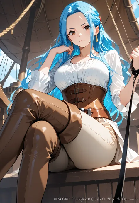 score9_up, score8_up, score7_up, solo, alone, masterpiece, best quality, nefertari-vivi, blue hair, brwon eyes, long hair, brown thigh boots,beige pants, beige tight pants, white shirt, brown belt, brown corset, sitting, crossed legs, on a pirate ship, ver...