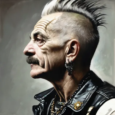 Punk older man, 40's,.from side view.