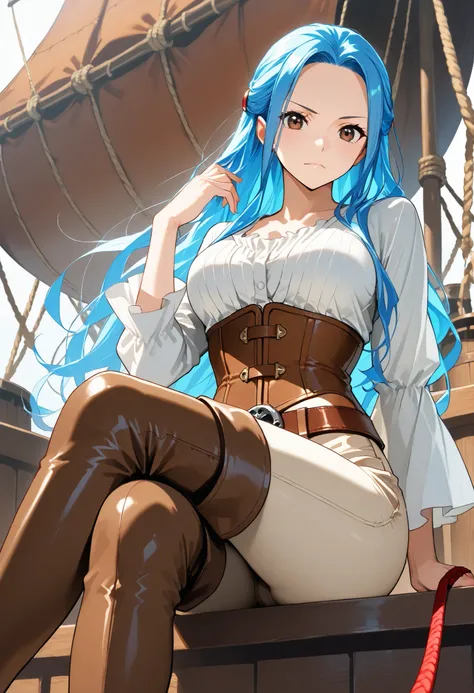 score9_up, score8_up, score7_up, solo, alone, masterpiece, best quality, nefertari-vivi, blue hair, brwon eyes, long hair, brown thigh boots,beige pants, beige tight pants, white shirt, brown belt, brown corset, sitting, crossed legs, on a pirate ship, ver...