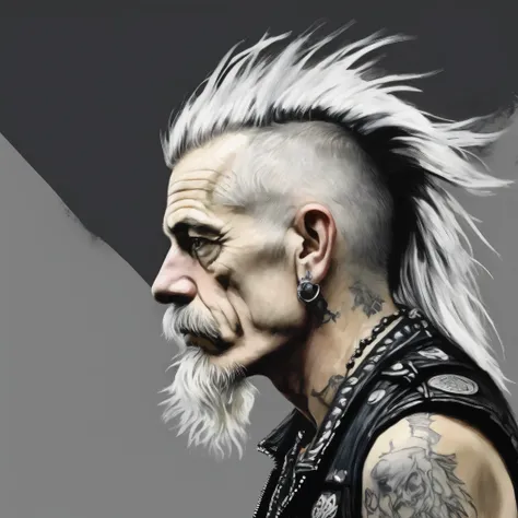 Punk older man, 35's, white long hair, from side view.
