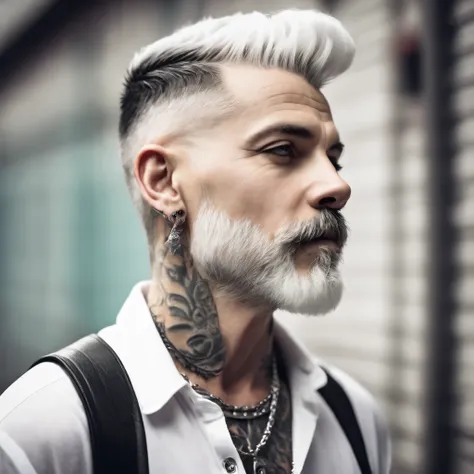 Punk fit and healthy man, 50's, white shortcut hair, white full beard, from side view. Without earrings and tattoos.