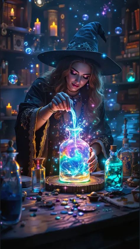 A **mystical witch’s potion room**, dimly illuminated by the **ethereal glow of enchanted candles and floating orbs of light**. Shelves overflowing with **ancient tomes, crystal vials, and arcane ingredients** line the walls, exuding a sense of **wisdom an...