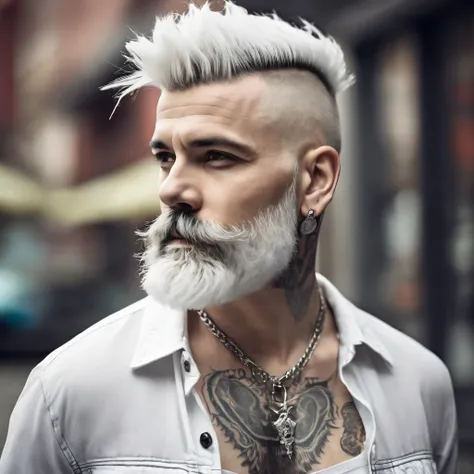 Punk fit and healthy man, 50's, white shortcut hair, white full beard, from side view. Without earrings and without tattoos. Handmade.