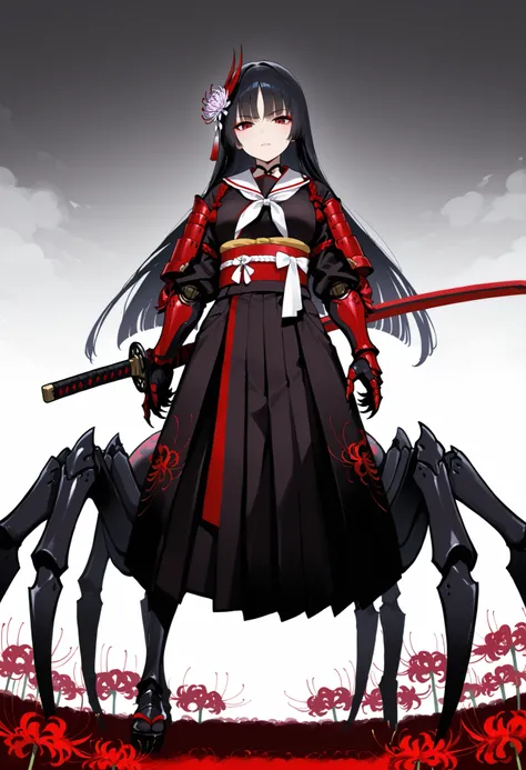 Arachne Girl. Black hair. Straight bangs. Long hair. Red spider lily hair accessory. White Japanese school uniform. Black Japanese kimono jacket. Black spider legs. Armored arms. Sharp claws. Weapon held: Sword.