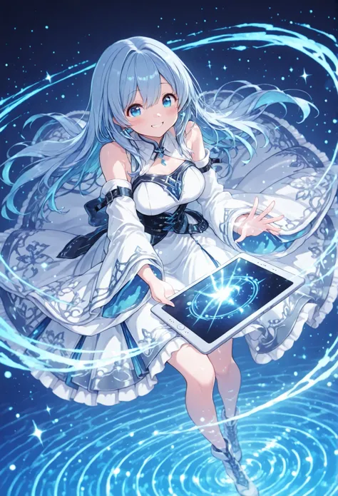 Behold a bridge between past and future; a figure clad in the flowing silks and structured lines of a neo-classical style—an asymmetrical ensemble of blue, magenta, and white that seems to shift and move like the aurora borealis caught upon a midwinter's n...