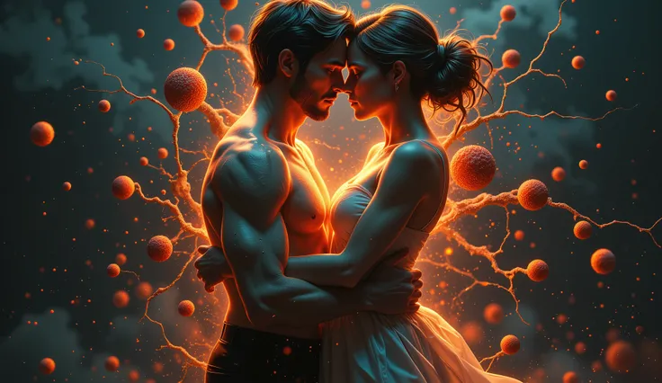 A powerful and emotional image of two figures man and woman embracing tightly, their bodies glowing with an internal light, representing profound connection and love. Abstract elements of trembling cells or a vital life force could subtly intertwine around...