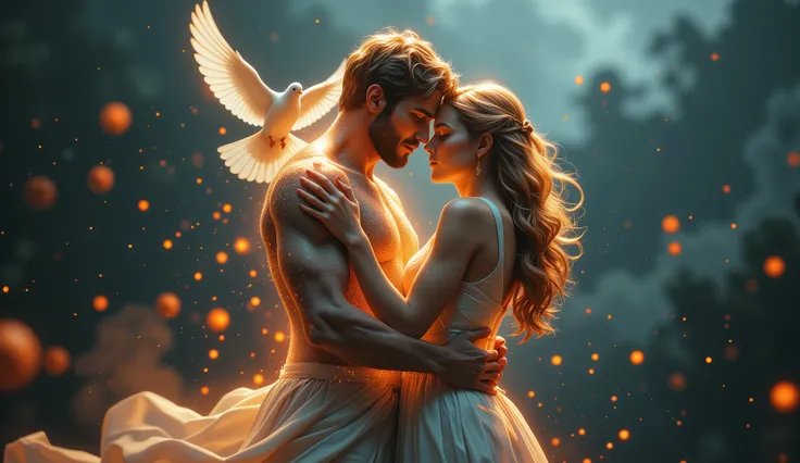 A strong and emotional image of two figures — a man and a woman, hugging tightly, , their bodies glow with inner light, representing deep connection and love. Abstract elements of trembling cells or vitality can be subtly intertwined around them.. A white ...