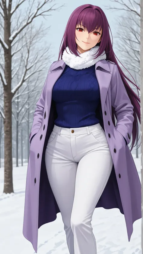 Scathach skadi from fate grand order, violet hair, red eyes, medium tits, wide hips, winter clothing, coat , BOSQUE DE snow, seated, vista lateral, pants, angulo desde arriba, smile, provocative look, snow