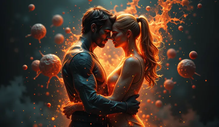 A strong and emotional image of two figures — a man and a woman, hugging tightly, , their bodies glow with inner light, representing deep connection and love. Abstract elements of trembling cells or vitality can be subtly intertwined around them..