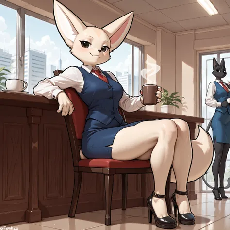 Masterpiece, absurdres, newest, anthro, furry girl,   fenneko, black_eyes, wearing blue vest, white long sleeve shirt, red tie, short blue skirt, tall slender body, heels, in a breakroom, sitting on a Chair, holding a cup of coffee, indoors
