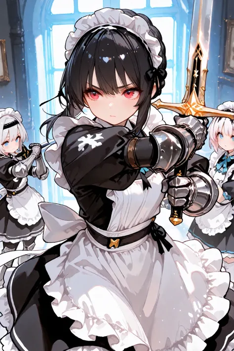 ((masterpiece)) , ((best quality)) , perfect detailed eyes , perfect detailed face, cute, girl, maid, Maid outfit, maid apron, fighting maid knight, holding sword, steel gauntlets, white prim, headband, black hair girl