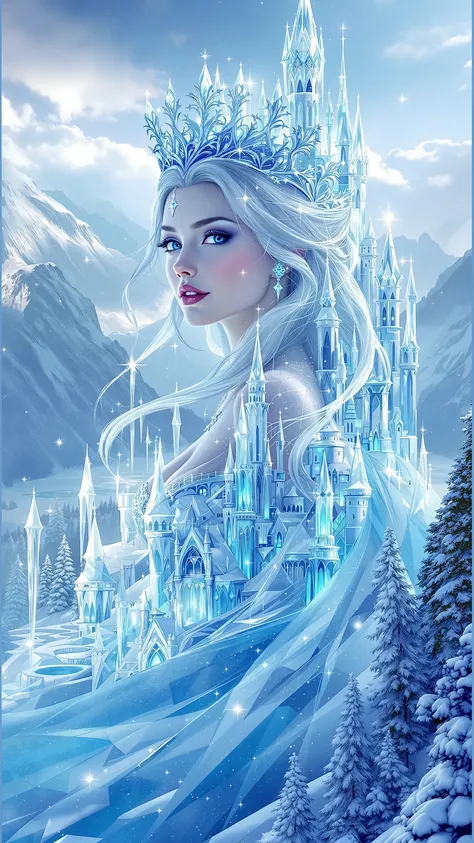 "Create a stunning, hyper-realistic image of an ice princess with an ice castle tiara, seamlessly integrated with her castle and its grounds. The princess should be depicted in exquisite detail, with a regal and serene expression, her ice-blue dress flowin...