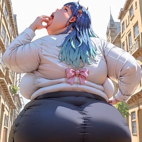 swallowing_whole, Anime Manga style, ((full view)) A character created for a dating sim, a tall striking BBW with vibrant blue hair. she is wearing a college uniform. White top, black skirt, back pack, towering over other college students. 